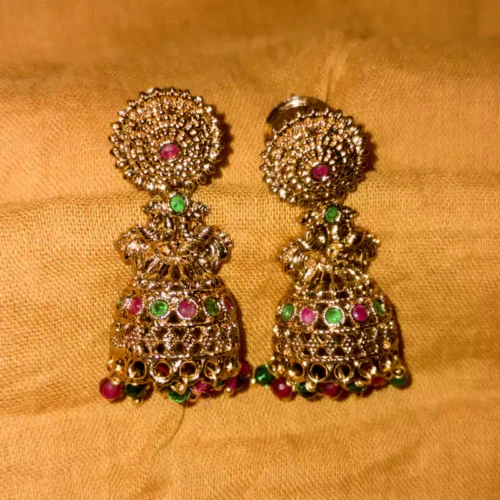 Gold-Plated Jhumka Earrings with Mandala Floral Stud