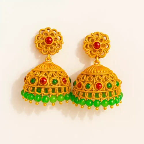 Gold Plated Jhumkis with Emerald Green Beads