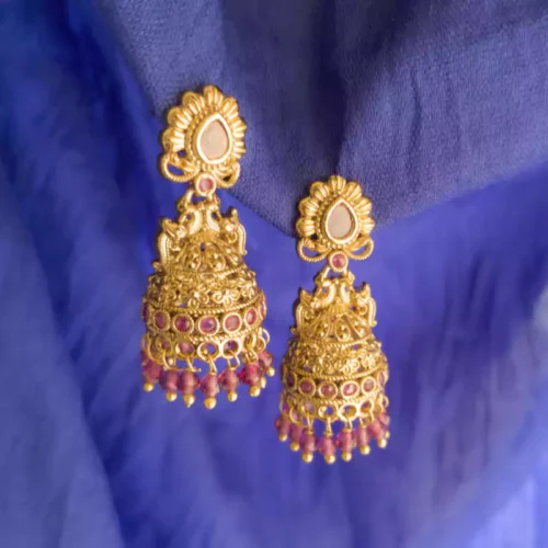 Gold Plated Pink Stone Jhumka Earrings