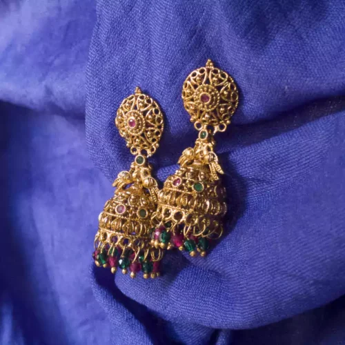 Gold-Plated Temple Jhumka Earrings with Circle Stud