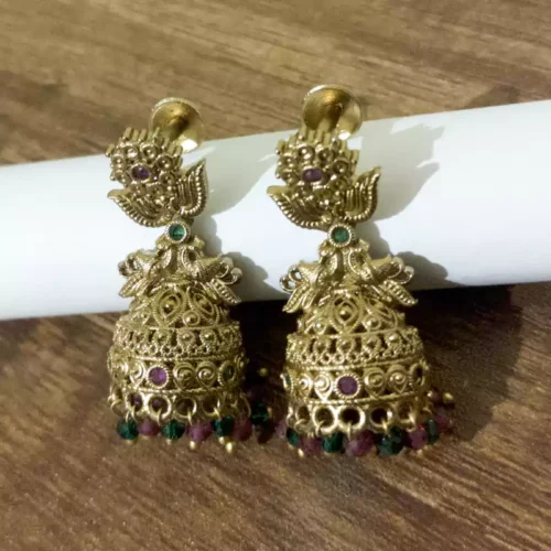 Gold-Plated Temple Jhumka Earrings with Peacock Stud