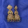 Gold-Plated Temple Jhumka Earrings with Square Stud and Beads