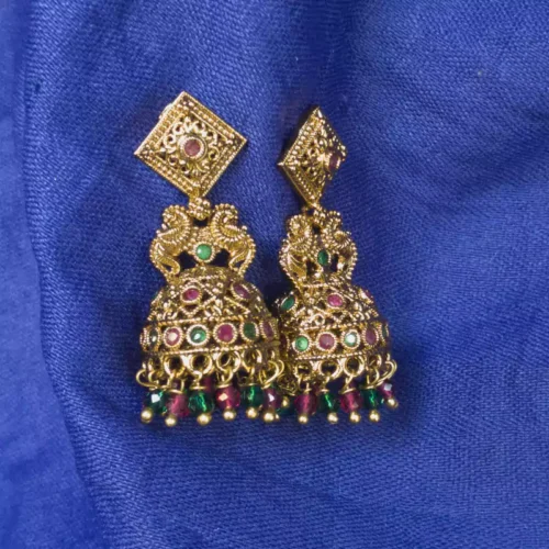 Gold-Plated Temple Jhumka Earrings with Square Stud and Beads