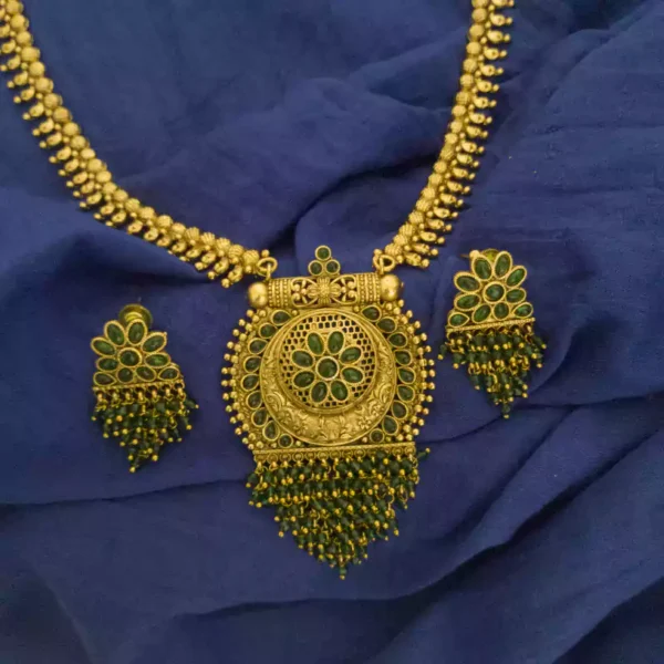 Gold-Plated Temple Necklace Set with Green Stone