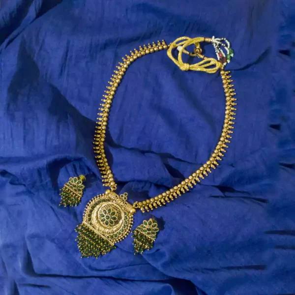 Gold-Plated Temple Necklace Set with Green Stone