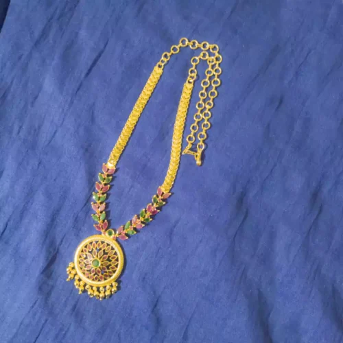 Gold Plated Temple Pendant Necklace with Ruby and Emerald