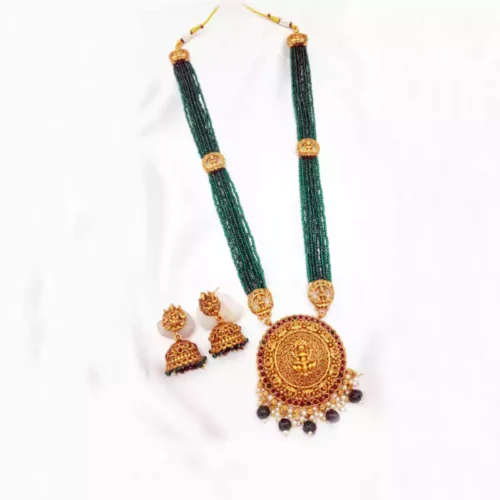 Lakshmi Temple Set with Green Beads