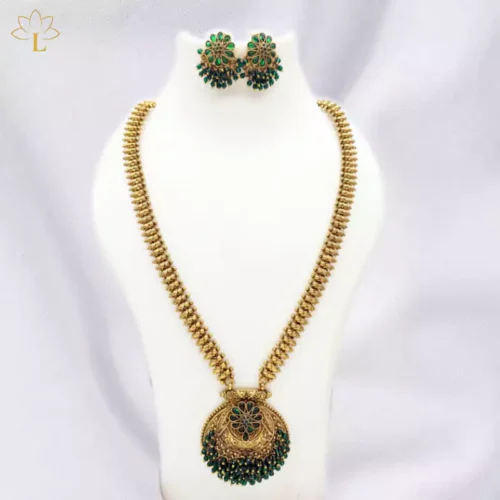 Gold Plated Green Stone Temple Necklace Set 0093 Lazola India