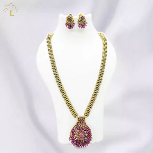 Gold Plated Pink Stone Temple Necklace Set 0094 Lazola India
