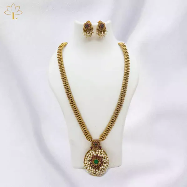 Green and Ruby Stone Necklace Set With Pearl 0096 Lazola India