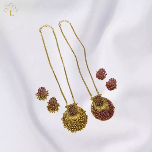 Ruby stone long necklace set with earrings 0099 Lazola India