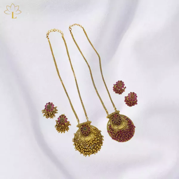 Ruby stone long necklace set with earrings 0099 Lazola India