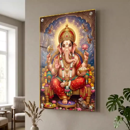 Glass Wall Shelves with All Accessories Glass Lord Ganesha UV Printed Glass Wall Art