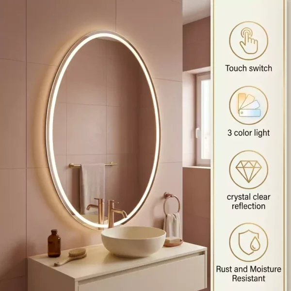Oval Smart LED Mirror with Touch Sensor, 3 Colour Lighting and Defogger